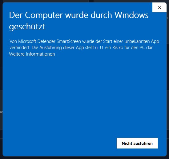 Windows Defender SmartScreen mit der Option Weitere Informationen